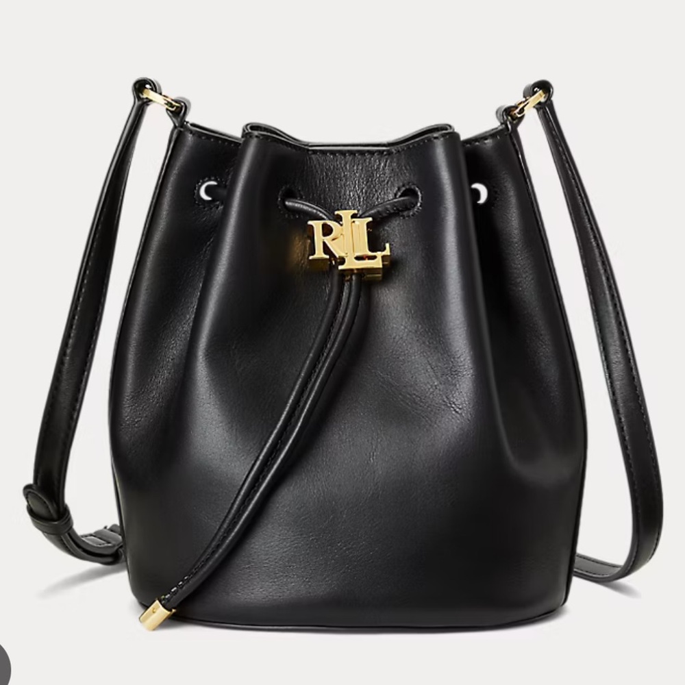 Ralph Lauren Black Leather Bucket Crossbody with Gold RL Logo